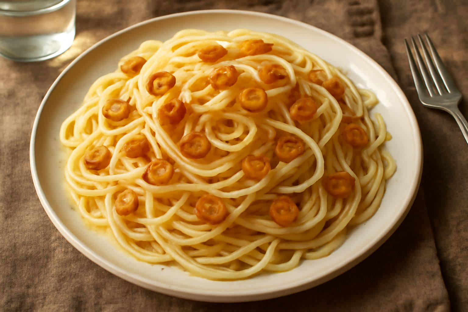 Spaghetti al dente conditi con aglio affettato dorato in olio evo, peperoncino rosso fresco a fette sottili, prezzemolo tritato, serviti in piatto bianco su fondo scuro