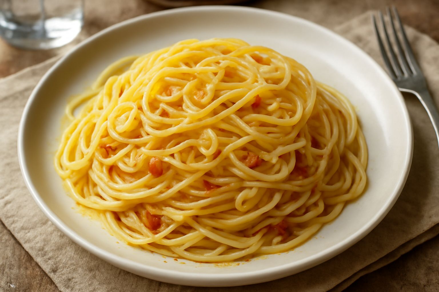 Un piatto bianco con spaghetti ricoperti di olio dorato, aglio tagliato finissimo e peperoncino rosso, impiattamento rustico su fondo neutro