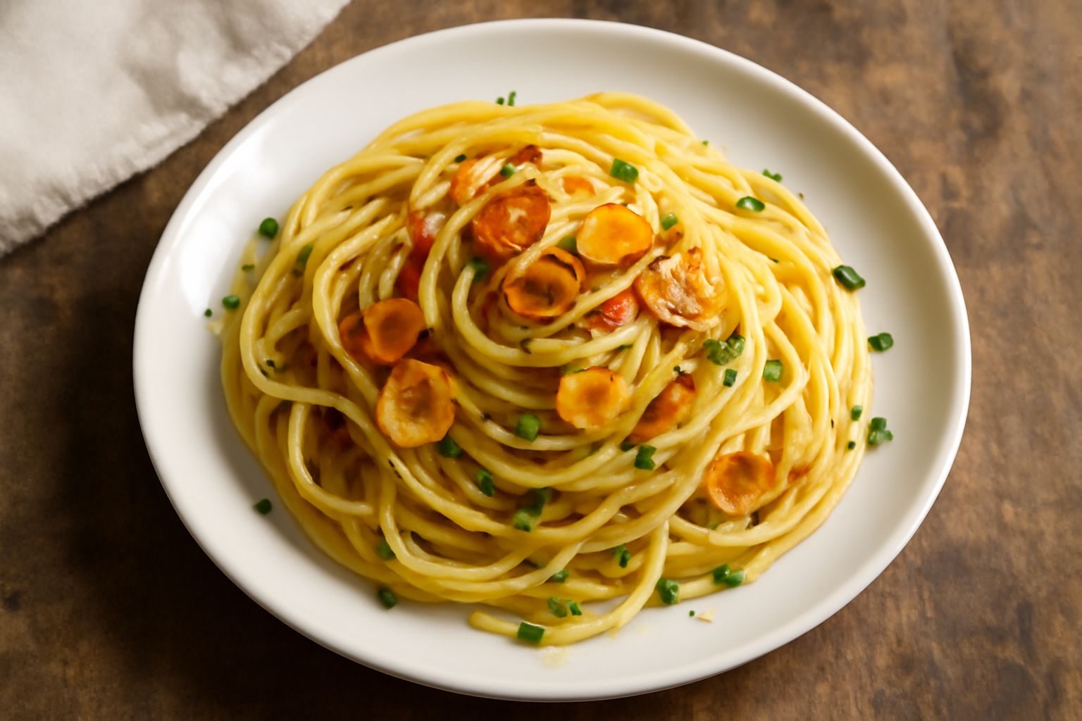 Piatto di spaghetti con aglio e olio: pasta bionda lucida avvolta attorno alla forchetta, fettine dorate di aglio sparse sulla superficie, peperoncino rosso e prezzemolo verde fresco sparso, olio che 