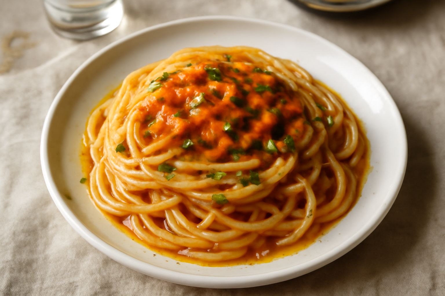 Piatto bianco con spaghetti setosi e cremosi ricoperti da polpa arancione dorata di ricci di mare, cosparsi di prezzemolo fresco verde scuro, con filo di olio d'oliva lucido