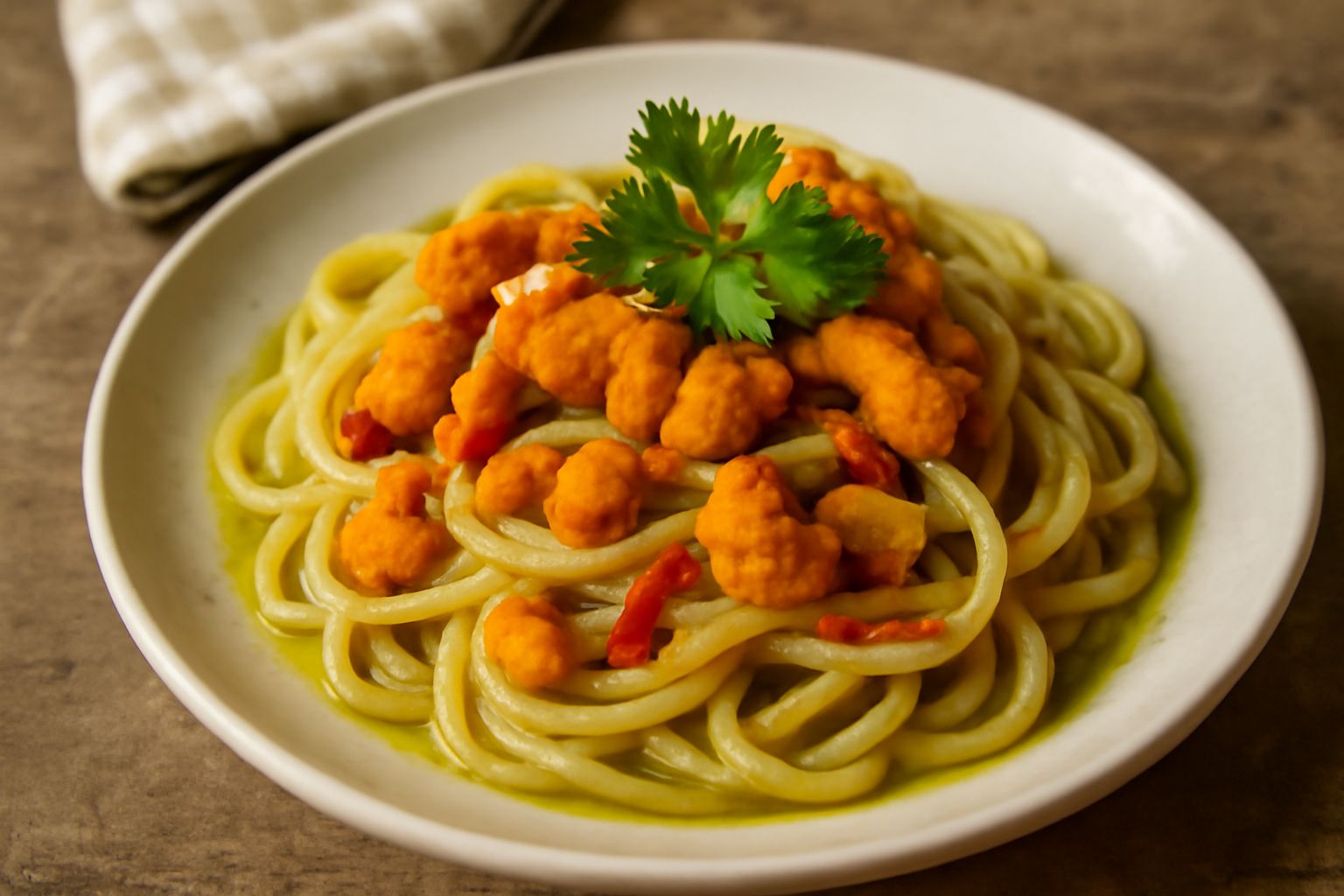 Spaghetti al dente conditi con ricci di mare arancioni, aglio affettato thinly, peperoncino rosso e prezzemolo fresco, olio d'oliva lucente nel piatto bianco, contorno di limone giallo a spicchi
