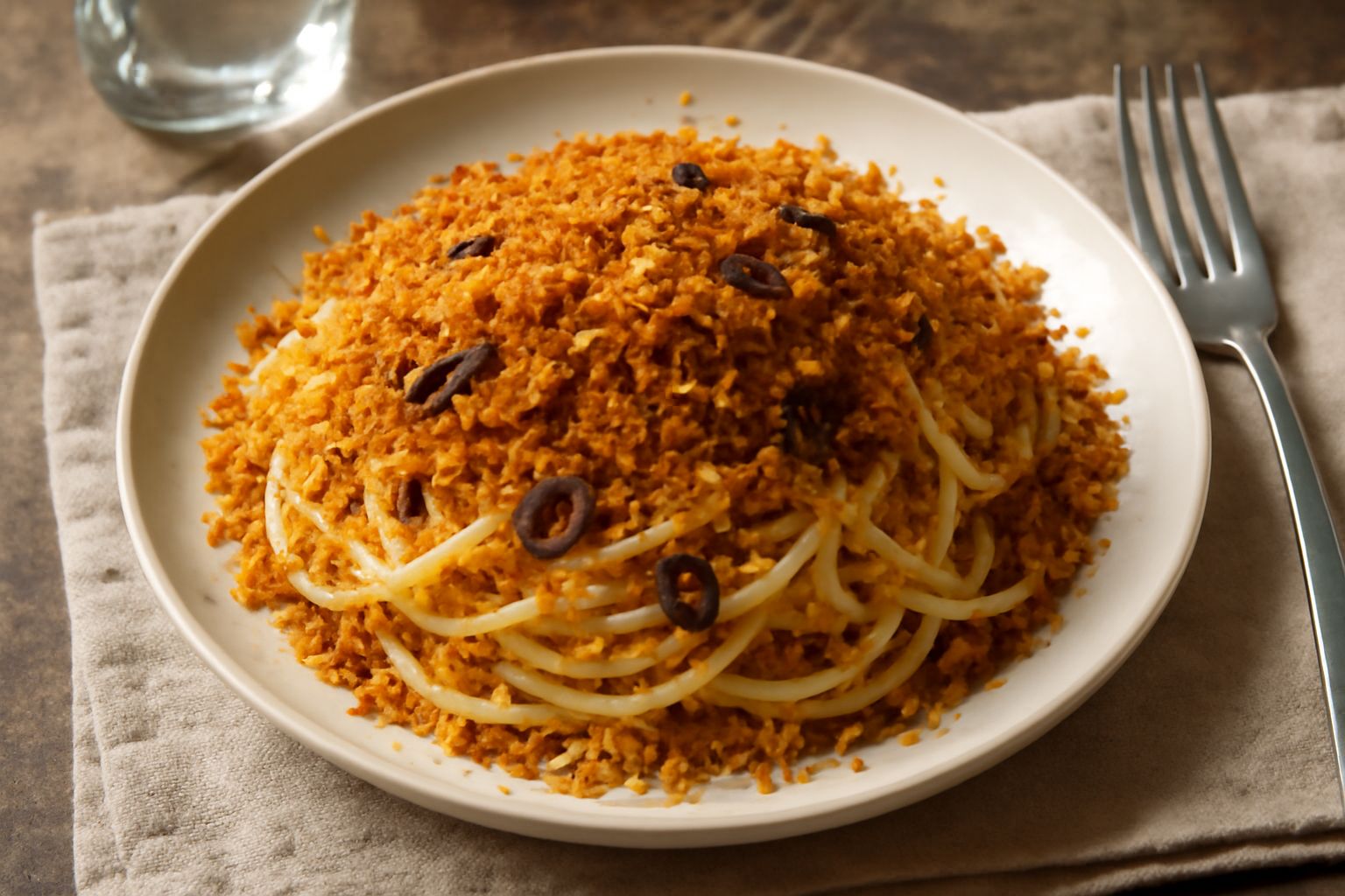 Spaghetti bianchi conditi con pangrattato dorato e croccante, aglio rosso scuro, filo di olio brillante, in piatto bianco, con mollica visibile sparsa in superficie e qualche filo di prezzemolo