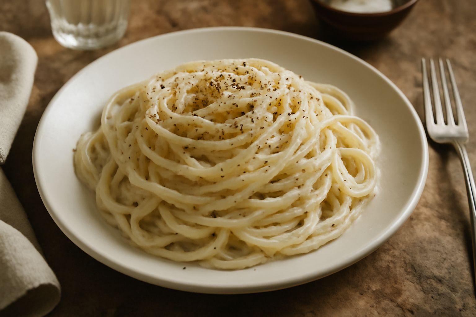 Piatto bianco con spaghetti cremosi ricoperti di pepe nero macinato, formaggio pecorino grattugiato visibile, pepe macinato grossolano sparso sopra, vapore leggero, forchetta di legno accanto