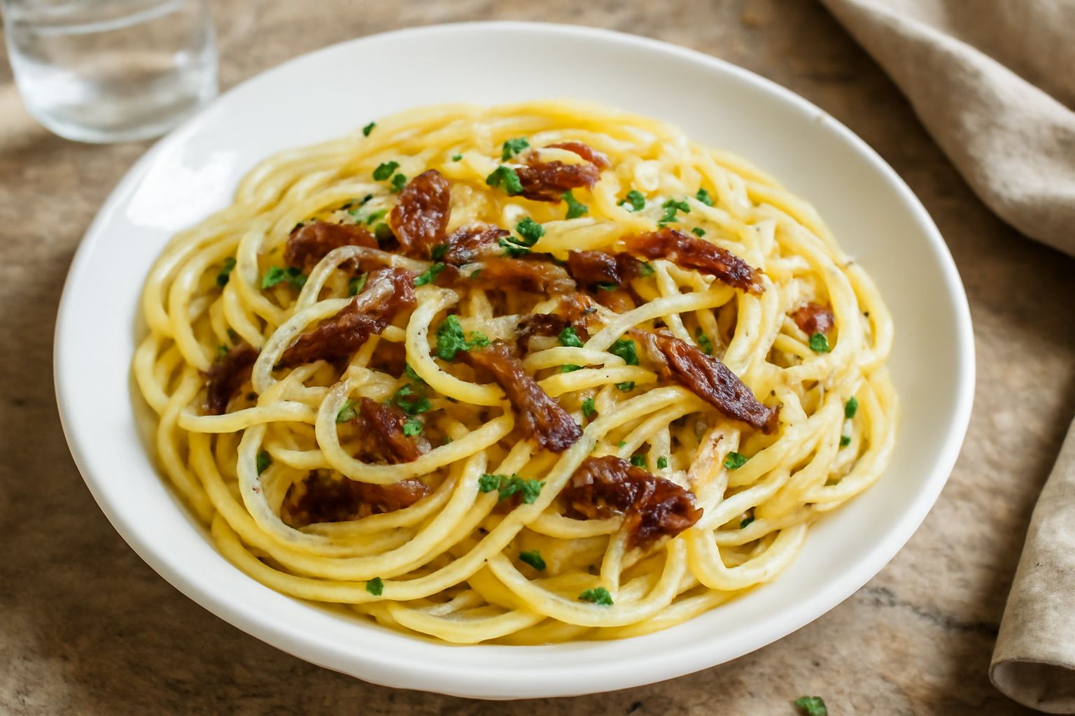 Un piatto bianco con spaghetti al dente conditi con acciughe disciolte in olio dorato, parsemonia di prezzemolo fresco verde e uno spicchio di limone giallo sul bordo