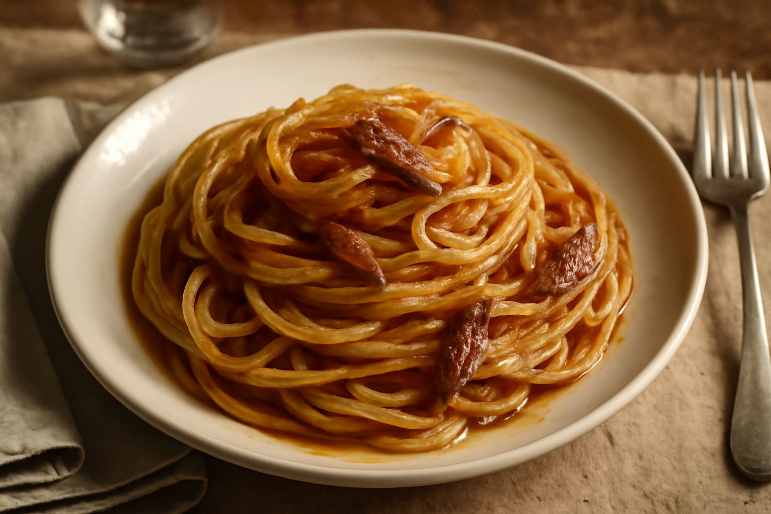 Piatto di spaghetti con le alici appena impiattati: spaghetti dorati e glossati, alici distribuite, olio brillante che riluce, polvere di peperoncino rosso e prezzemolo verde fresco sopra