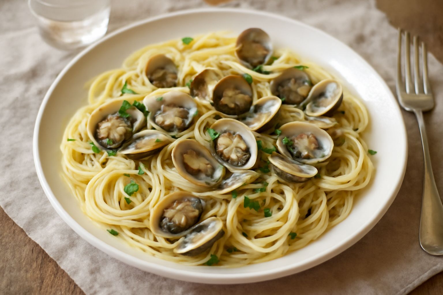 Un piatto di spaghetti bianchi con arselle gusciate aperte sparse sopra, al centro un filo di olio verde oliva, prezzemolo tritato, fondo bianco del piatto in risalto