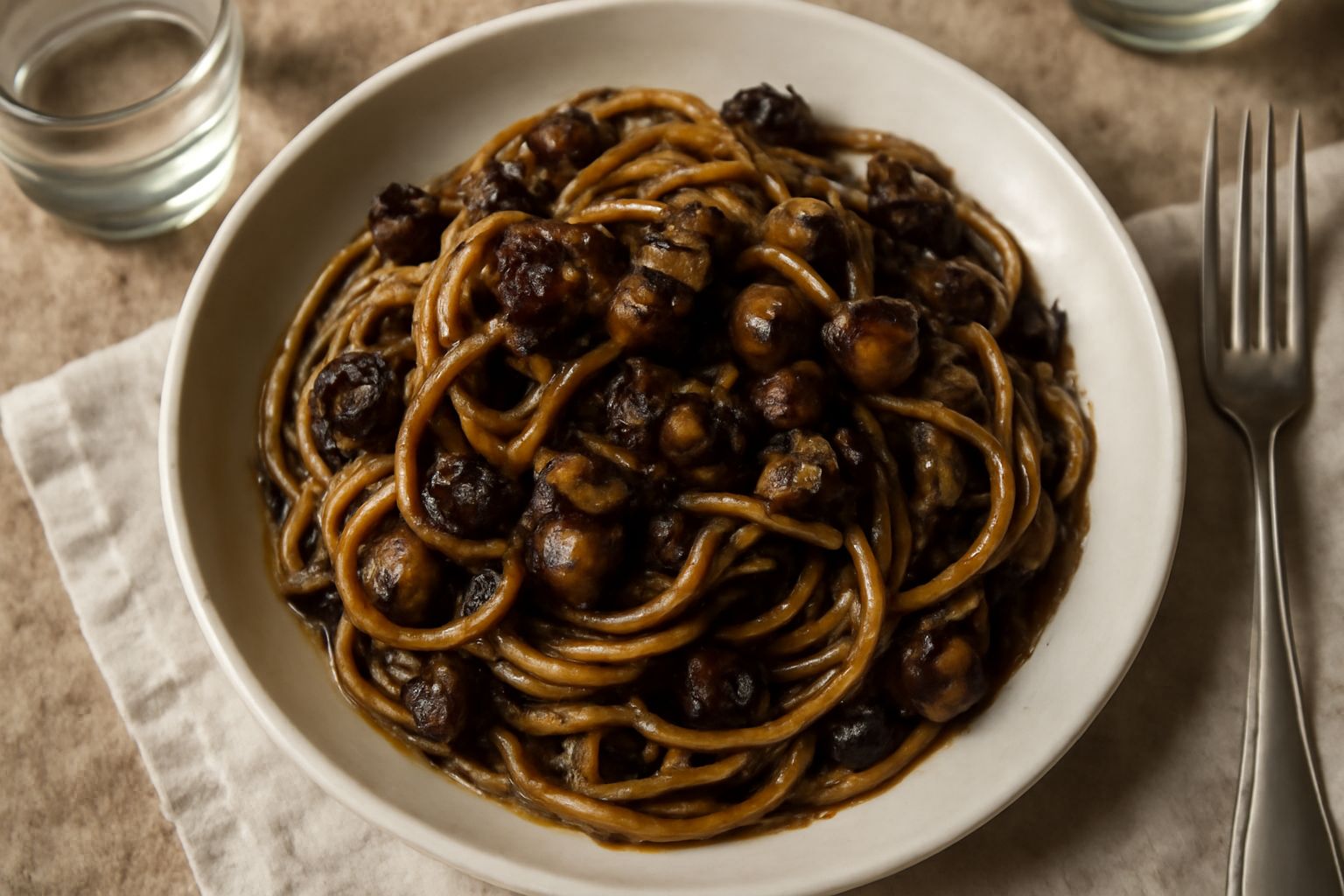 Piatto di spaghetti con melanzane tagliate a dadini color marrone dorato, acciughe scure disciolte nel sugo, finitura di prezzemolo fresco verde su pasta bianca al centro di una ciotola di ceramica.