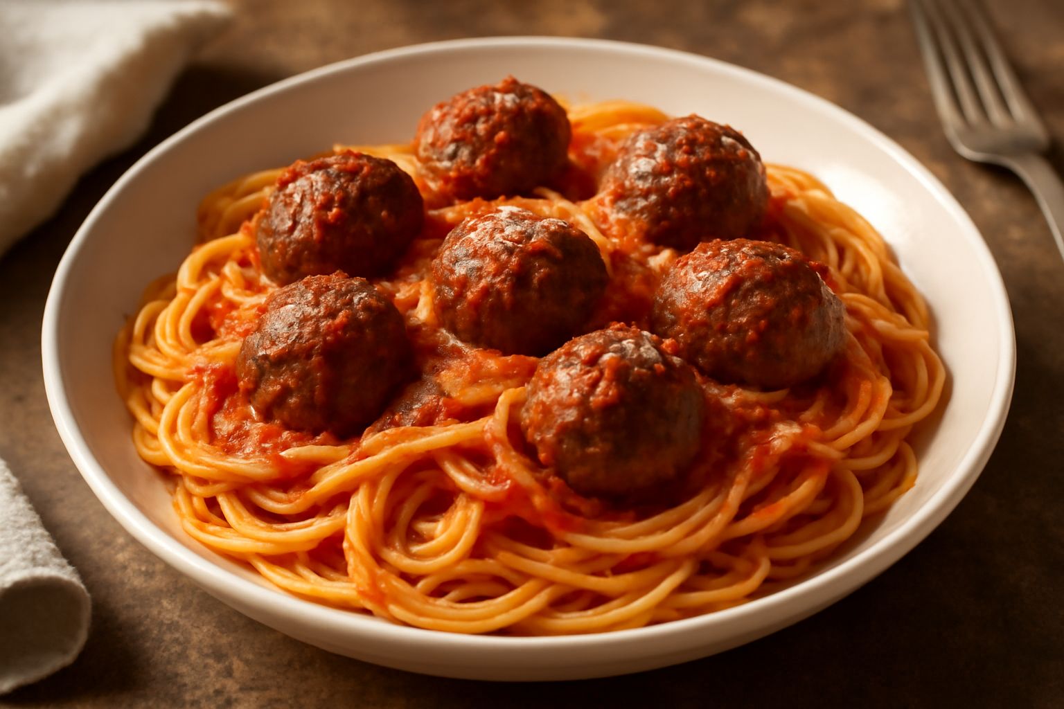 Piatto di spaghetti al dente con polpettine di carne marrone scuro, conditi con salsa di pomodoro rosso vivo, coperti da un pizzico di formaggio grattugiato bianco, serviti in un piatto fondo in ceram