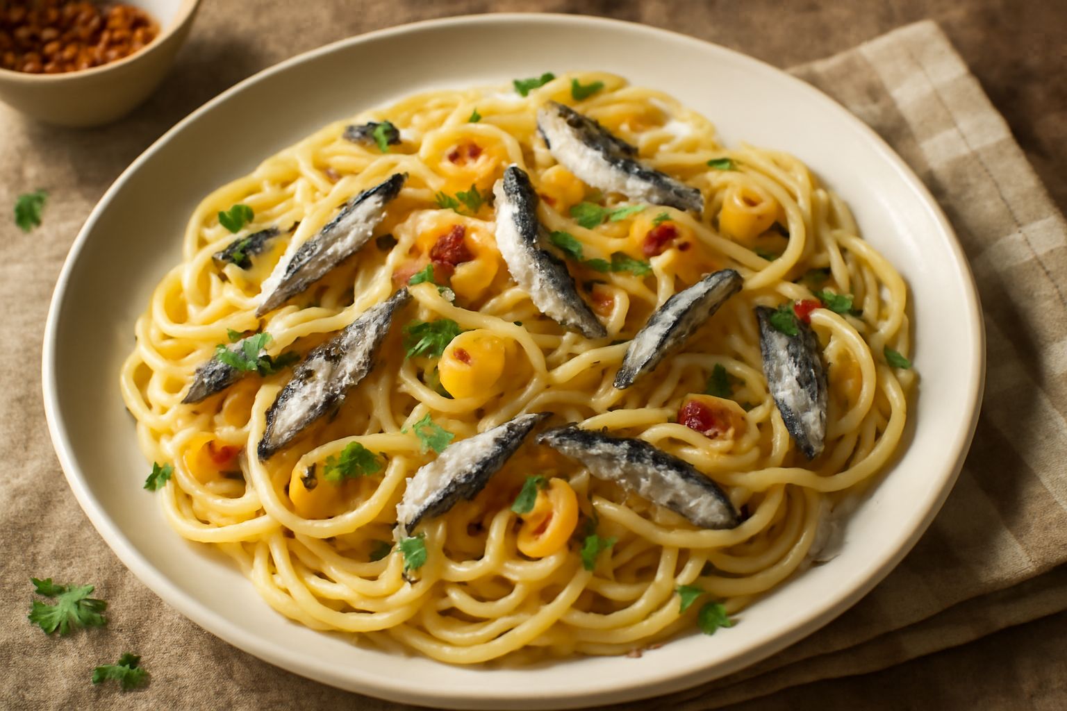 Piatto di spaghetti bianchi rivestiti di olio con sardelle argentate, fettine di aglio dorate, peperoncino rosso spezzato e prezzemolo verde fresco tritato