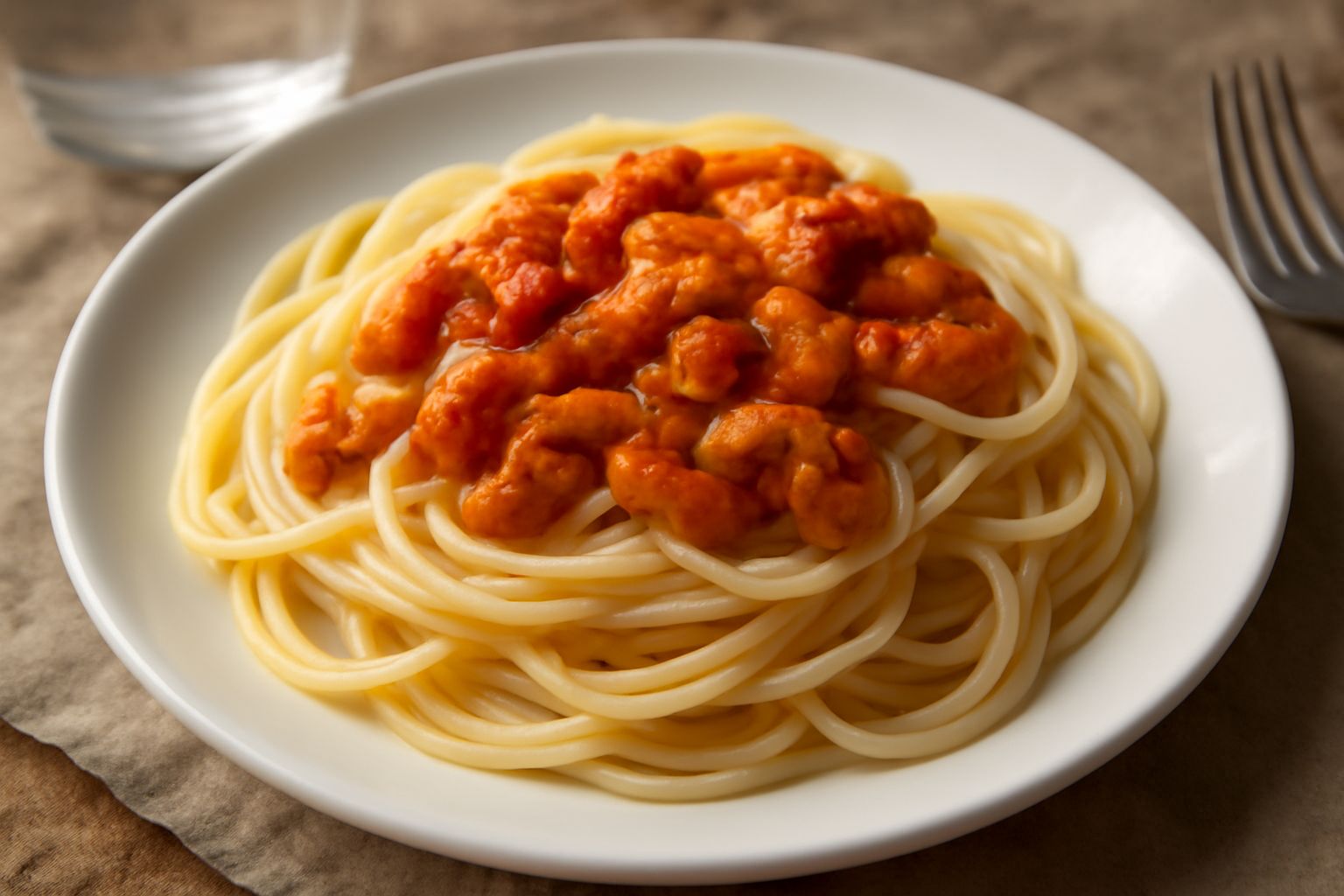 Piatto bianco con spaghetti bianchi e cremosi ricoperti di polpa di riccio arancione-dorata, guarniti con prezzemolo verde fresco, una spruzzata di olio d'oliva lucido e qualche goccia di limone fresc