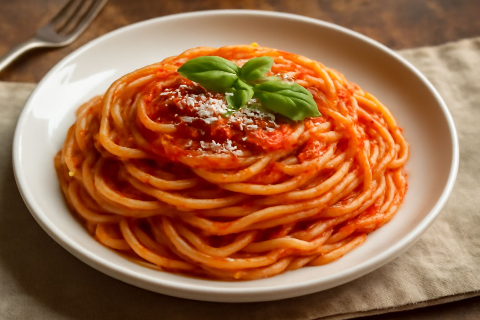 Spaghetti bianchi e lunghi su piatto bianco, ricoperti di salsa di pomodoro rosso brillante, con piccole foglie di basilico verde e gocce di olio d'oliva dorato