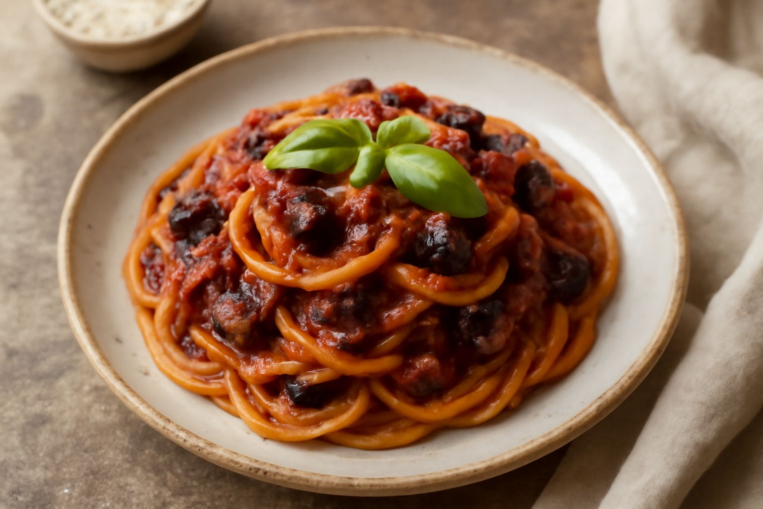 Un piatto di ceramica bianca con spaghetti color ambra avvolti intorno alle bacchette, ricoperti di sugo viola-rosso con pezzetti di melanzana morbida, foglie fresche di basilico verde, granellini di 