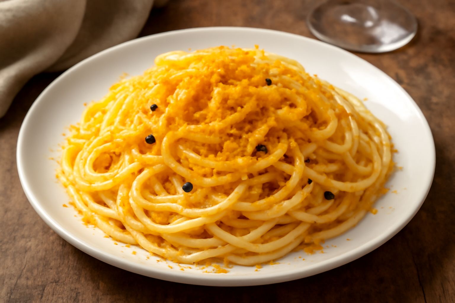 Spaghetti al dente di colore bianco panna, conditi con scaglie gialle e arancioni di bottarga grattugiata, un filo d'olio extravergine lucido e una spruzzata di nero di pepe, serviti in piatto bianco 