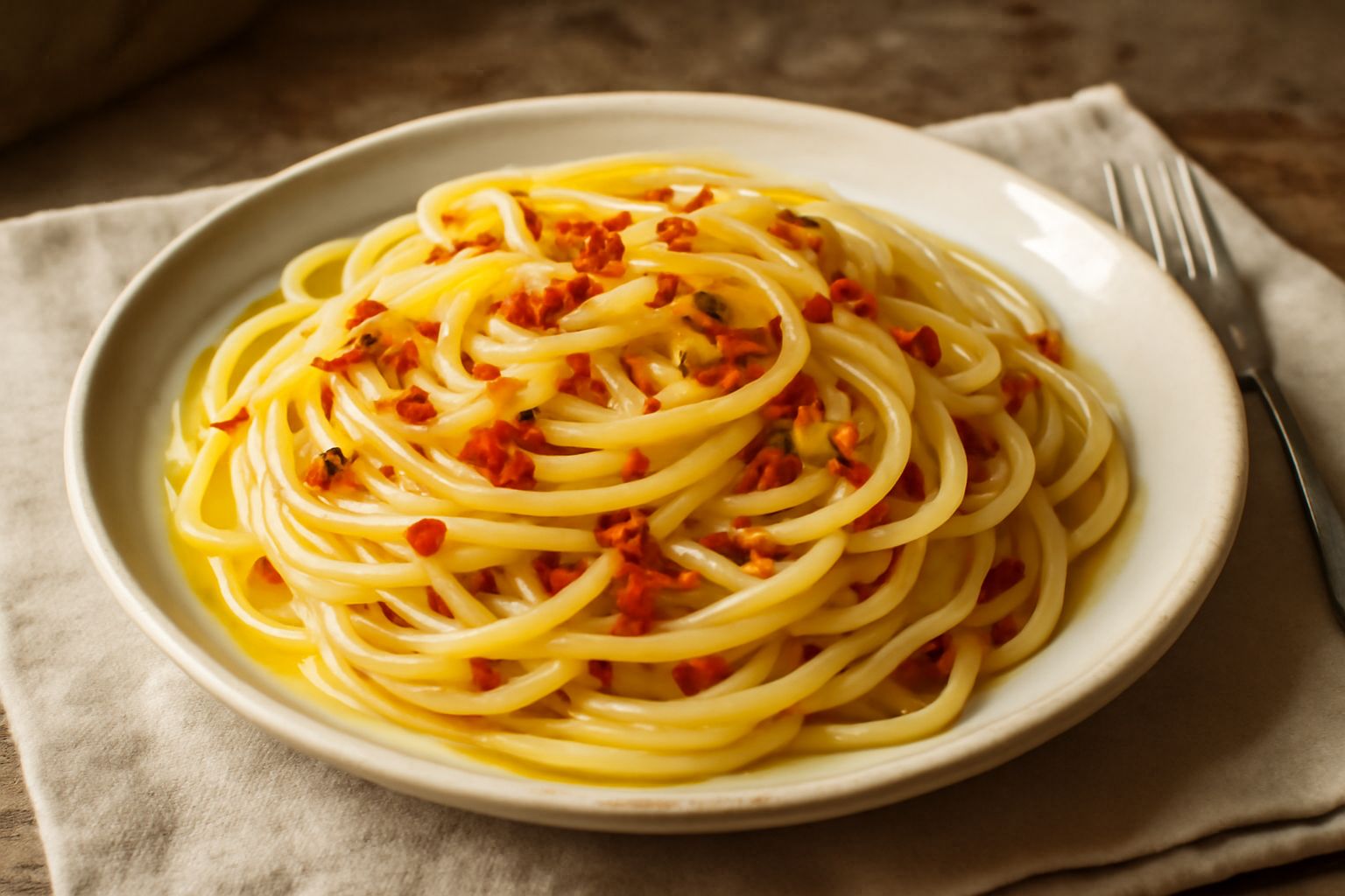 Spaghetti cu' l'agghia serviti in piatto bianco, aglio dorato e peperoncino rosso distribuiti uniformemente, filo d'olio lucido che riveste la pasta, peperoncino fresco a pezzetti sopra, piatto posato