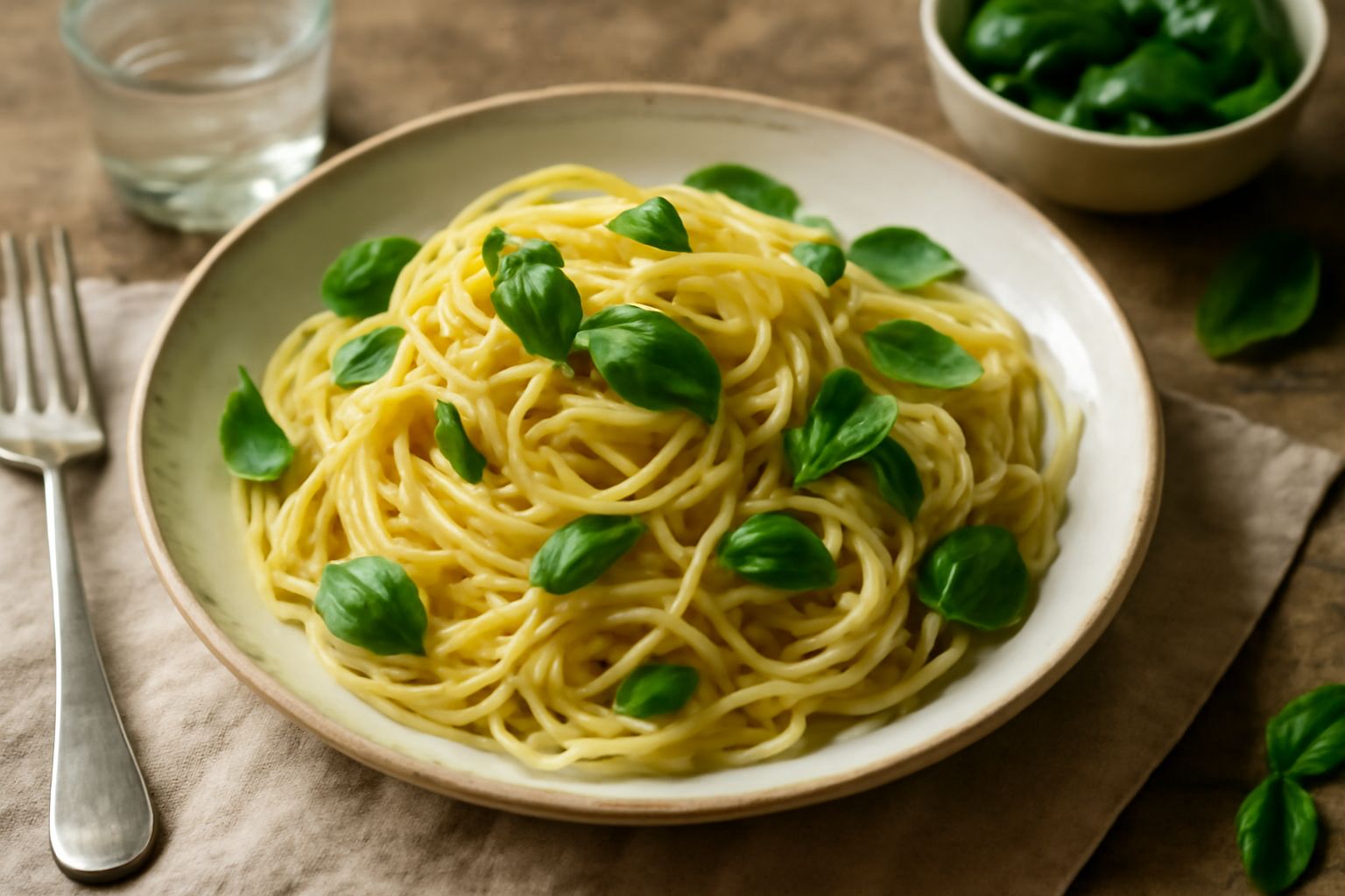 Un piatto di ceramica bianca con spaghetti freddi leggermente oleati, foglie verdi di basilico fresco sparse in superficie e visibili, aglio tenue sullo sfondo, illuminazione naturale che evidenzia il