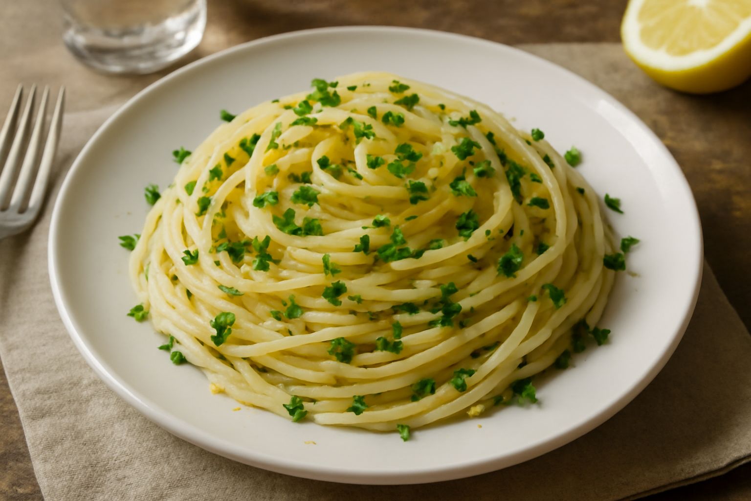 Piatto di spaghetti bianchi e gialli freddi conditi con olio trasparente, fettine sottili di limone giallo, prezzemolo verde brillante e scaglie di scorza di limone, serviti in un piatto bianco con bo