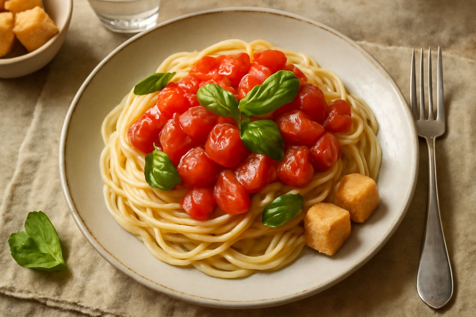 Piatto di spaghetti freddi al pomodoro serviti in una terrina bianca: pasta bionda intrecciata, ricoperta di pomodorini rossi e foglie di basilico fresco verde, condita con olio d'oliva lucido, basili