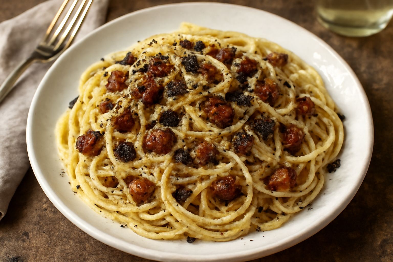 Spaghetti freddi conditi con pancetta dorata, tartufo nero grattugiato, aglio e olio, impiattati su un piatto bianco con una sottile guarnizione di prezzemolo fresco