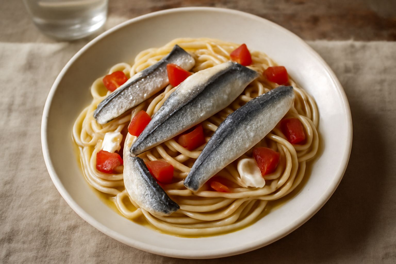Spaghetti freddi in piatto bianco: lunghi fili di pasta bianca avvolti con filetti di sarde argentate, pomodori rossi tagliati, aglio e prezzemolo verde, conditi con olio dorato