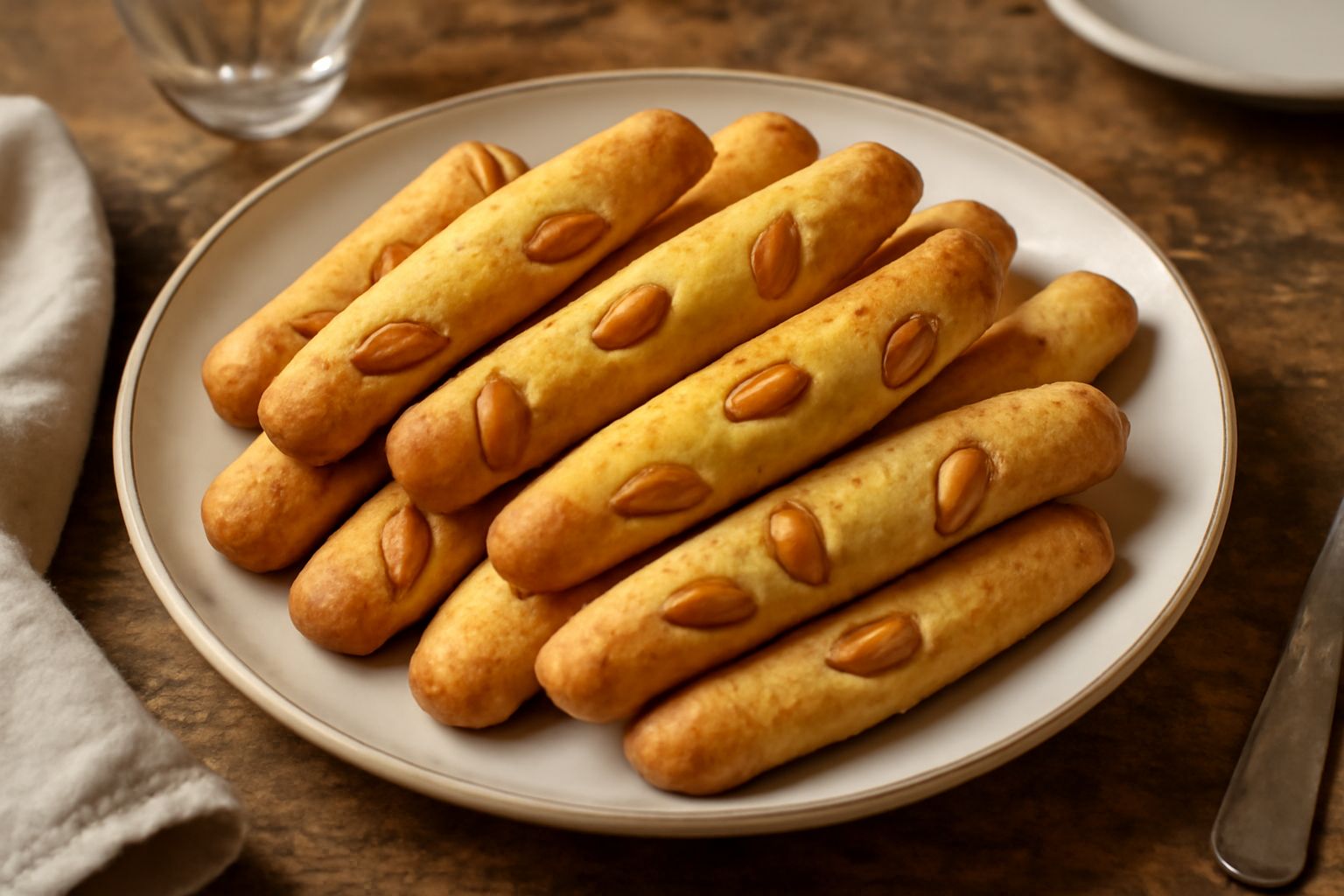Spagnolette dorate a forma di bastoncino con mandorle intere, disposte in fila su un piatto bianco, con mandorle sgusciate sparse intorno