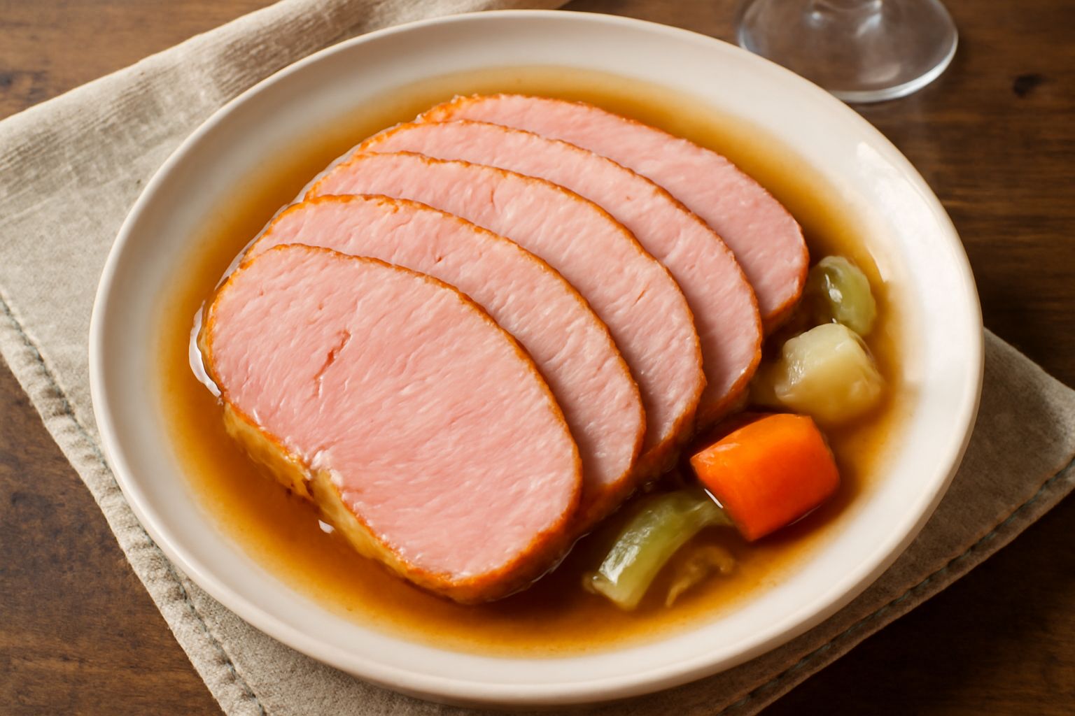 Spalla cotta affettata su piatto bianco con contorno di verdure bollite (carota, sedano, cipolla), brodo trasparente color ambrato intorno, carne rosata e compatta