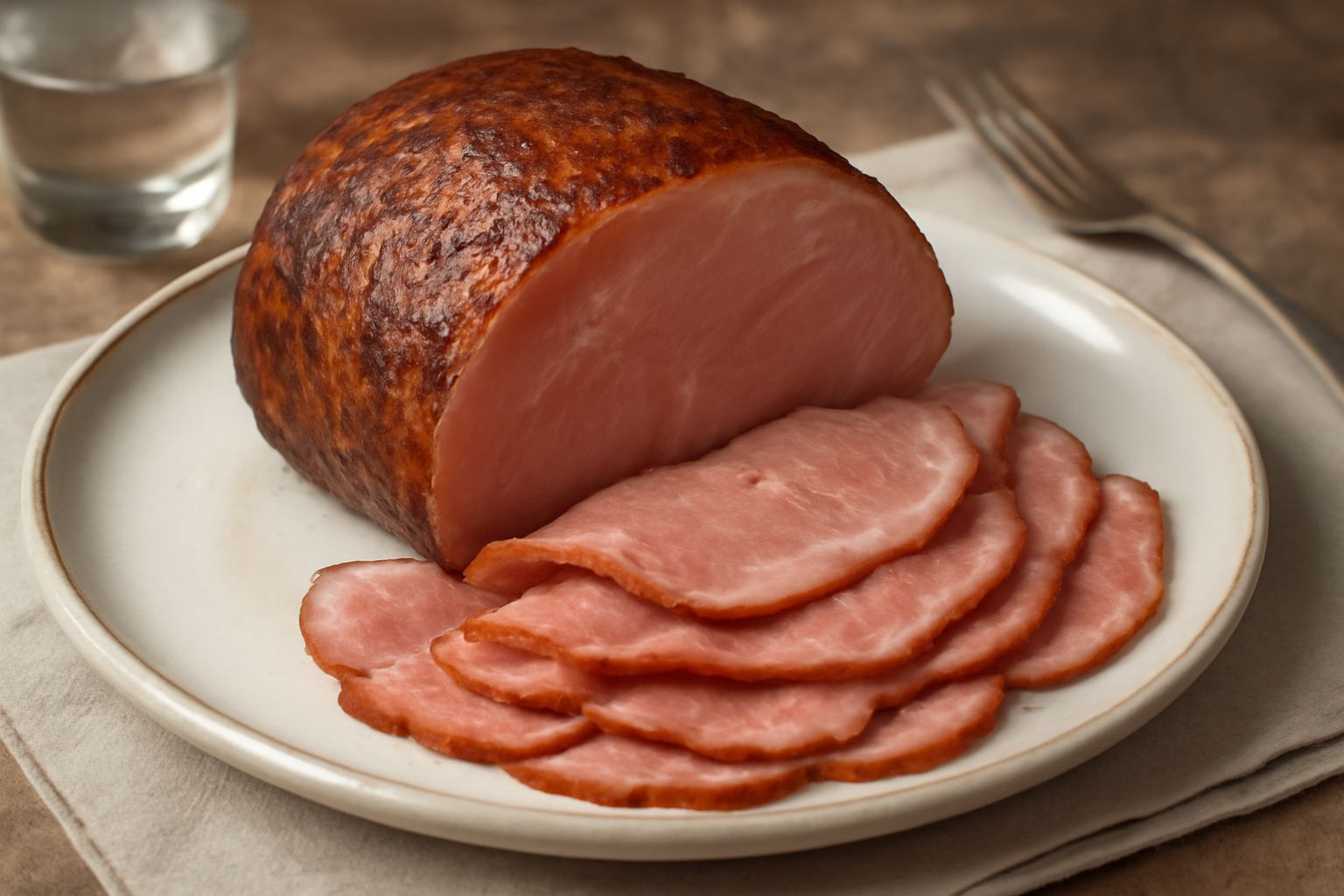 Spalla di carne cotta affumicata affettata su un tagliere di legno, con crosta marrone dorata e interno rosa tenue, circondata da rami di rosmarino fresco e aghi di ginepro