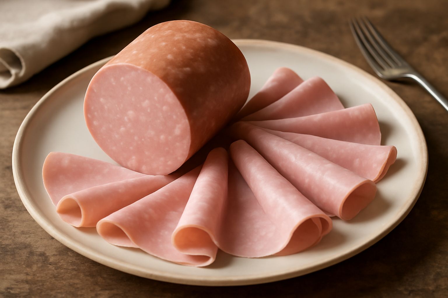 Fette di spalla cotta di Bologna disposte su un piatto bianco, colore rosa uniforme, bordo bianco di grasso, sfondo neutro con pane tostato sullo stesso tavolo