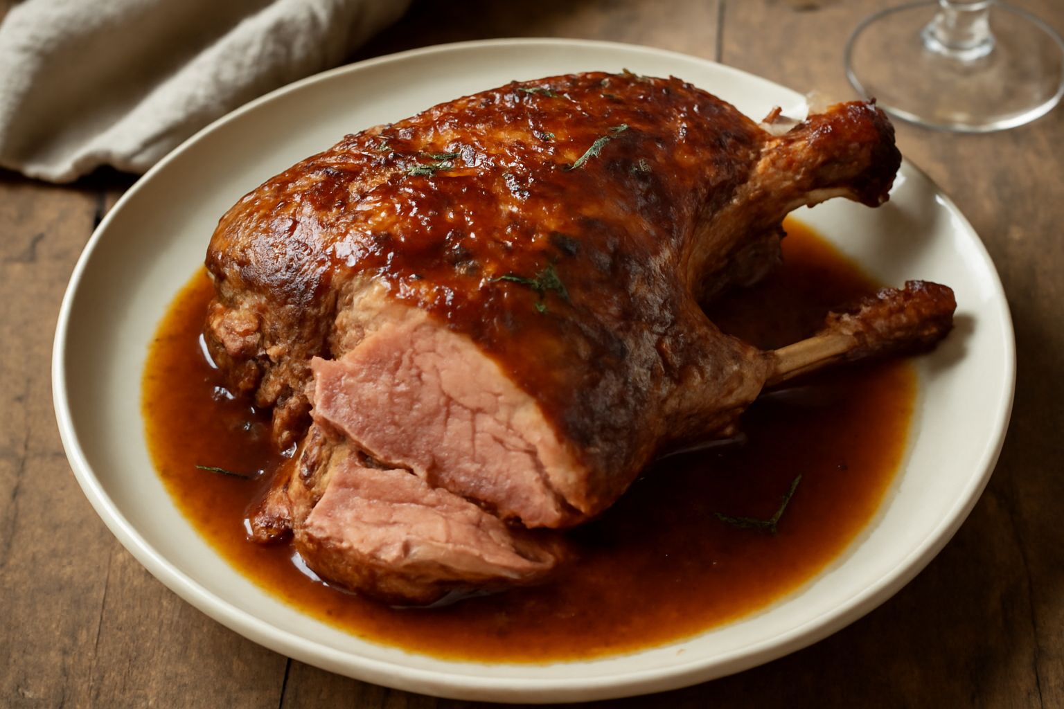Spalla d'agnello arrosto color bruno dorato in una teglia, circondata da carote e patate dorate, con salsa scura nel fondo del piatto bianco