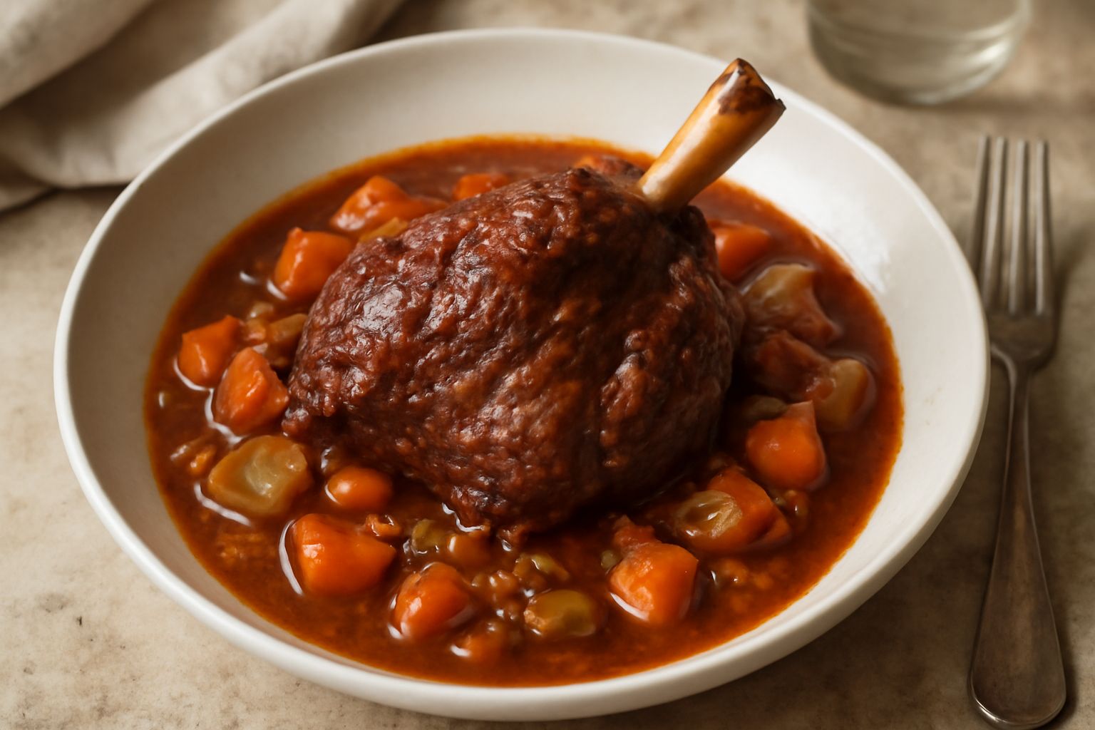 Spalla d'agnello in umido in un piatto fondo di ceramica bianca, circondata da brodo scuro e ristretto, con verdure morbide di cipolla, carota e sedano. La carne è rosso-marrone e visibilmente tenera.