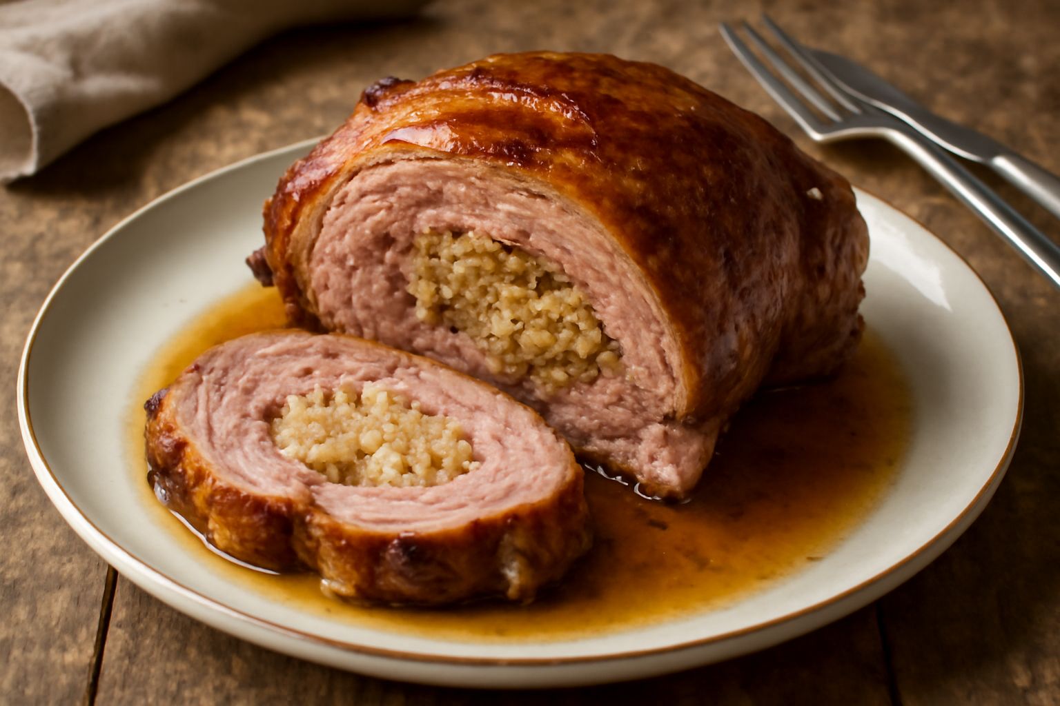 Spalla d'agnello arrosto, affettata, che mostra la carne rosata e il ripieno bianco-marrone di pane e erbe, su un piatto bianco con contorno di verdure grigliate