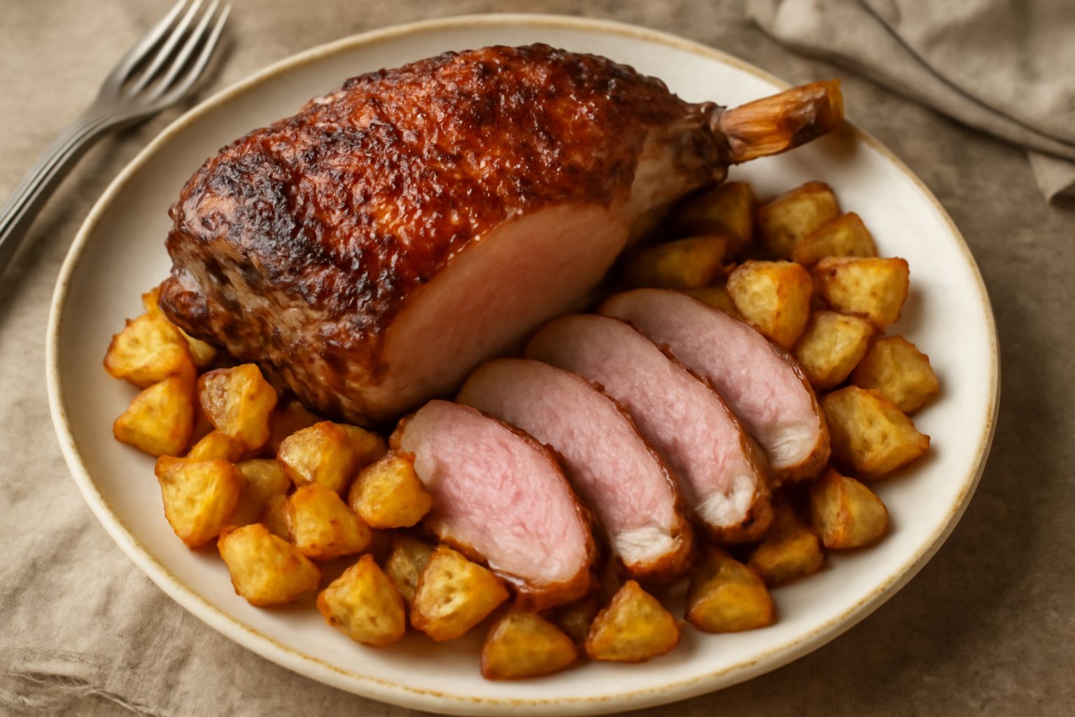 Spalla di agnello arrosto dorata e rosata tagliata a fette, circondata da patate arrosto e rami di rosmarino fresco, su un piatto bianco