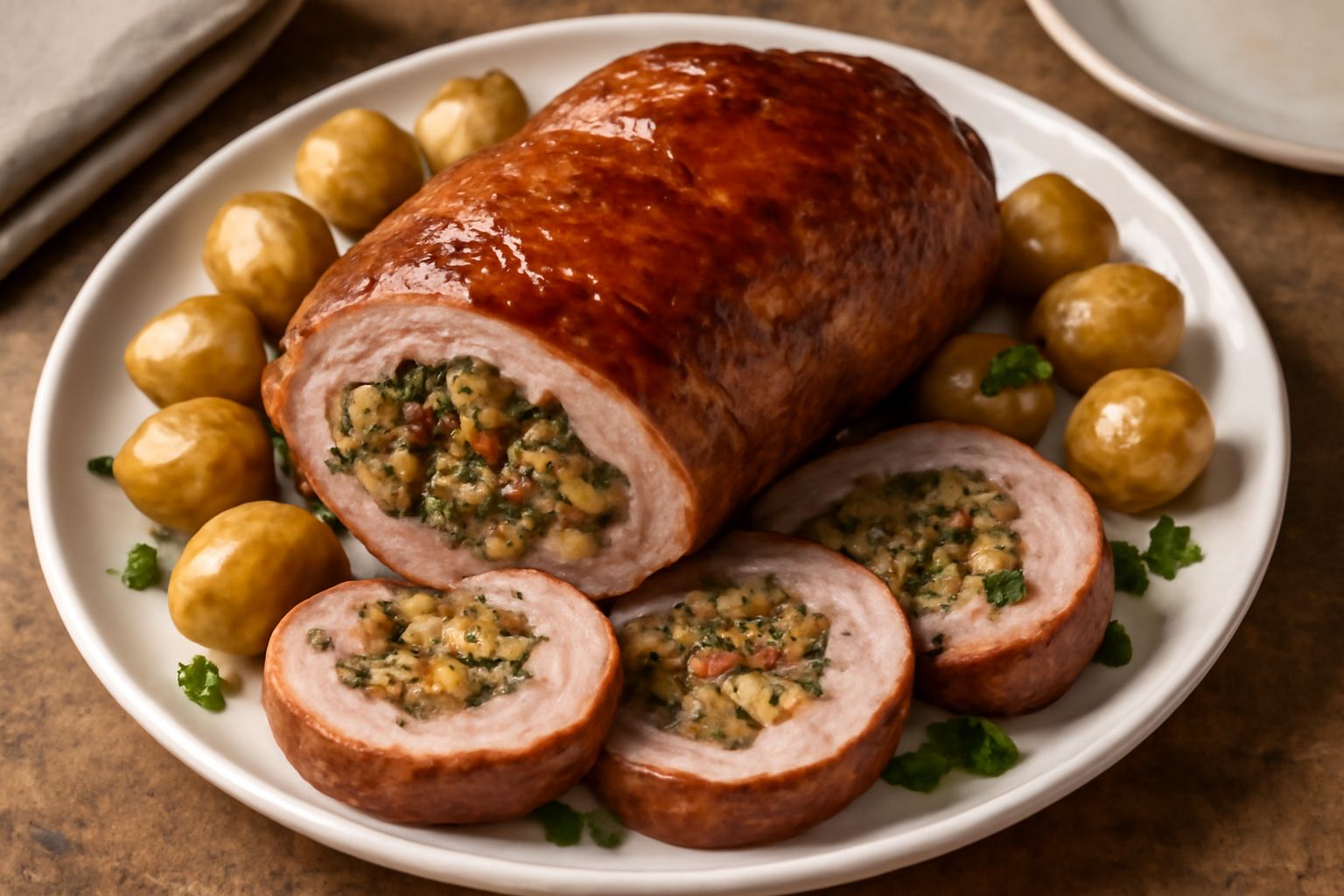 Spalla di agnello ripiena affettata su un piatto bianco, ripieno visibile di verdure verdi e ocra, superficie dorata dalla cottura, accompagnata da rosmarino fresco
