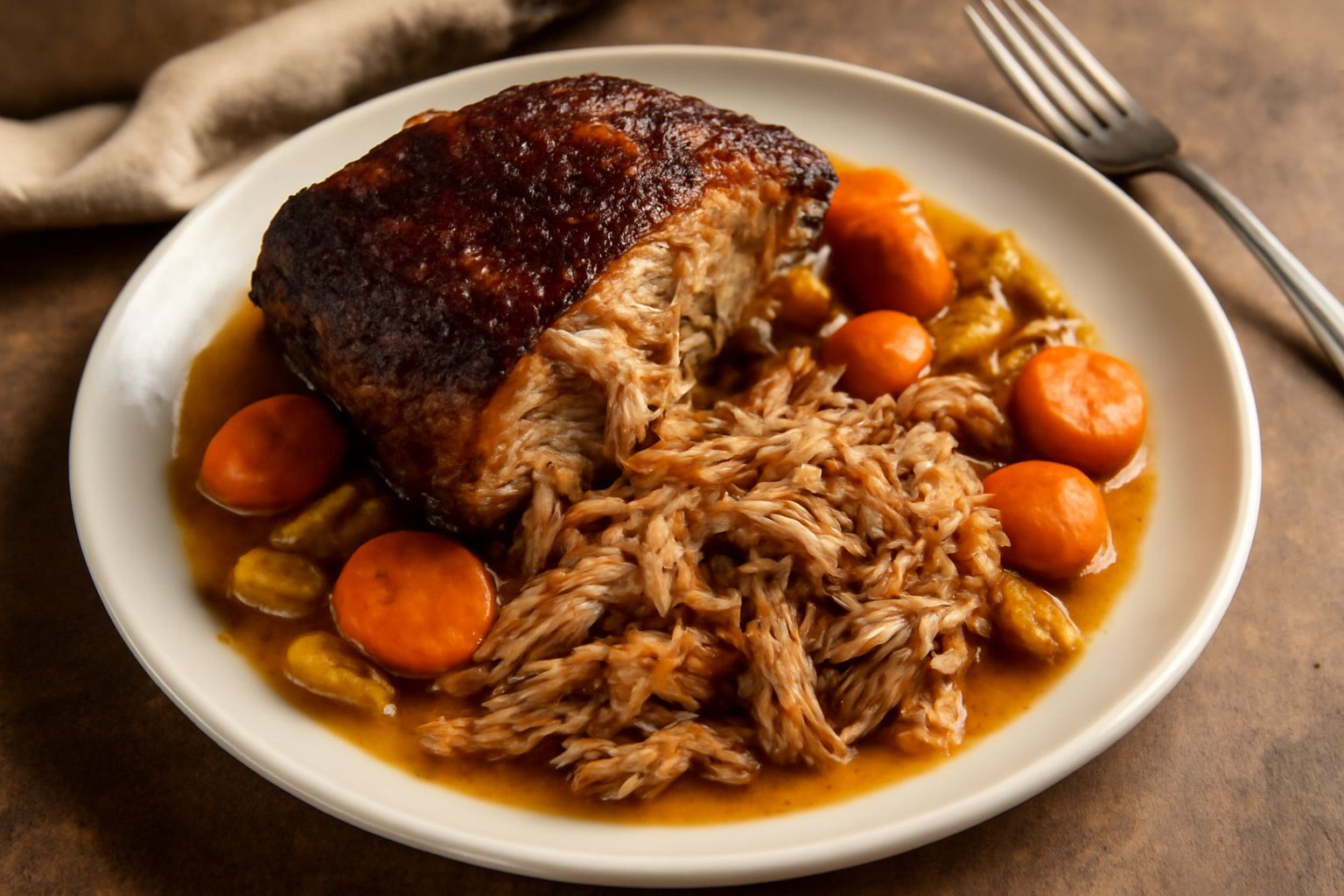 Spalla di maiale brasata rosso scuro in fondo a una pentola, circondata da carote tagliate a bastoncini, cipolle e sedano, con brodo trasparente e fumante