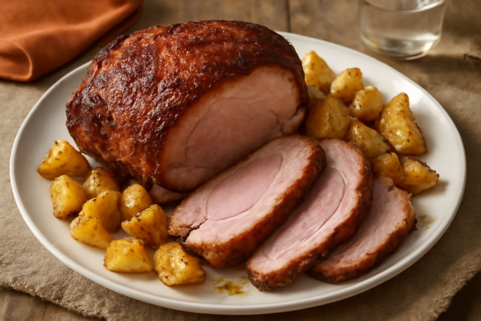 Spalla di maiale dorata e rosata al taglio, posata su un piatto bianco circondato da patate arrostite e rametti di rosmarino fresco, vapore visibile dalla carne calda