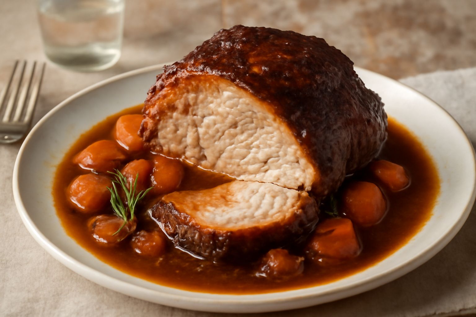 Spalla di maiale brasata dorata e lucida in una cocotte di terracotta scura, circondata da verdure caramellate e brodo di vino rosso, erbe aromatiche visibili sulla superficie