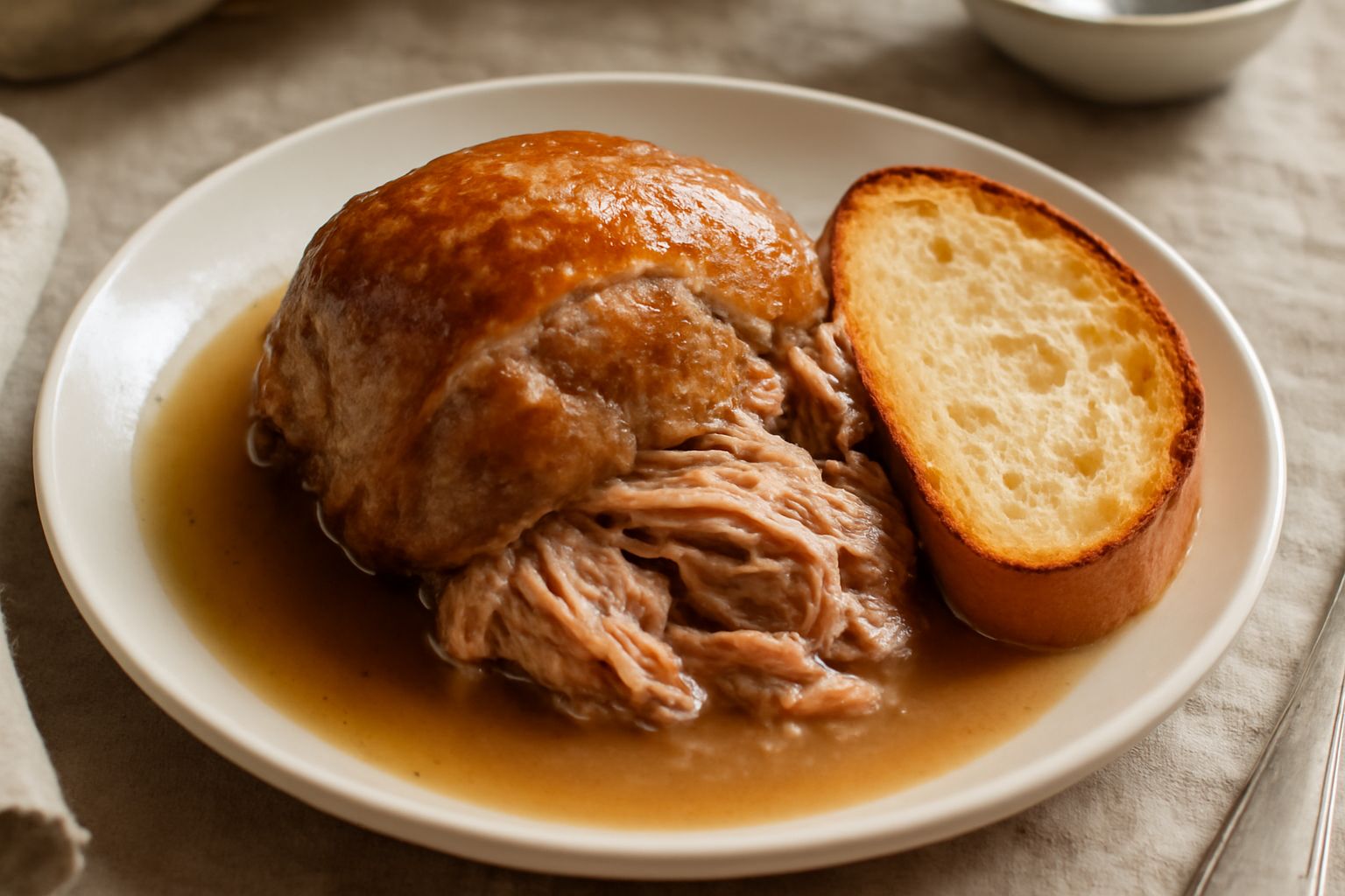 Un piatto di spalla di maiale sliced e cotta, rosa dentro e dorata in superficie, accompagnata da fette di pane tostato leggermente scuro e croccante ai bordi, con un cucchiaio di brodo nel piatto, gu