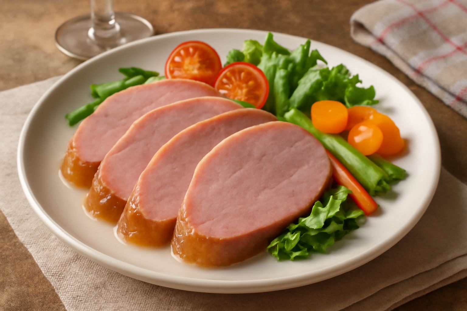 Spalla di maiale affettata disposta su un piatto bianco, fette rosate e compatte, circondate da insalata verde e pomodori rossi, olio d'oliva che lucica