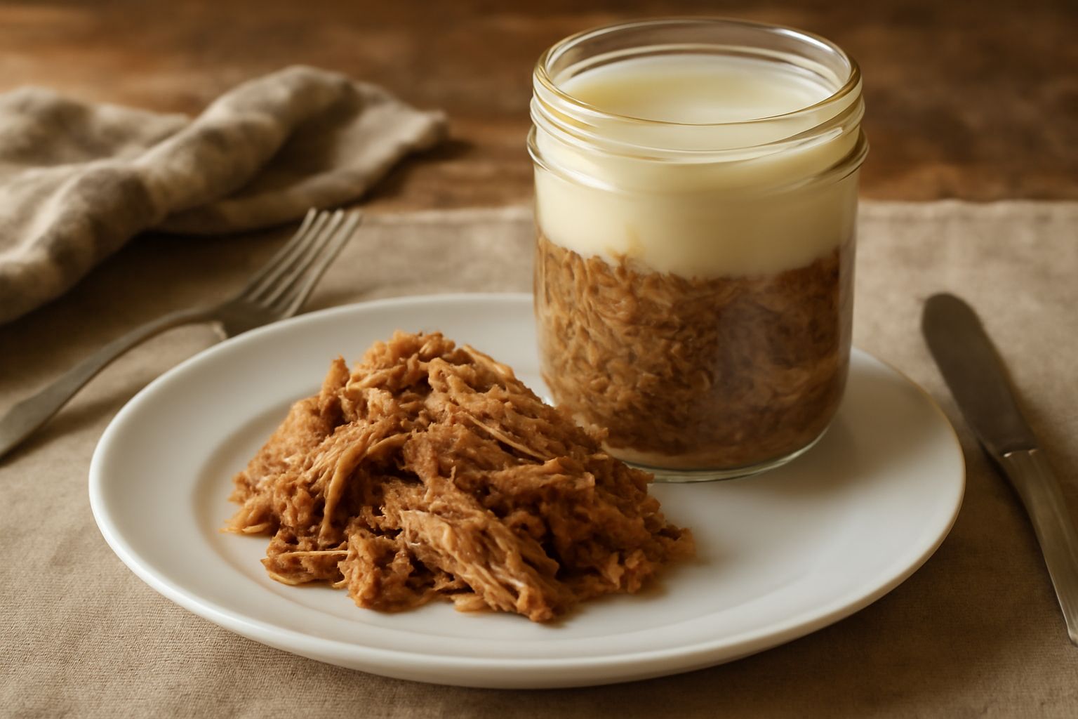 Barattoli di vetro con spalla di maiale cotta sminuzzata in conserva, coperta da grasso trasparente, circondata da spezie, foglie di alloro e pepe nero