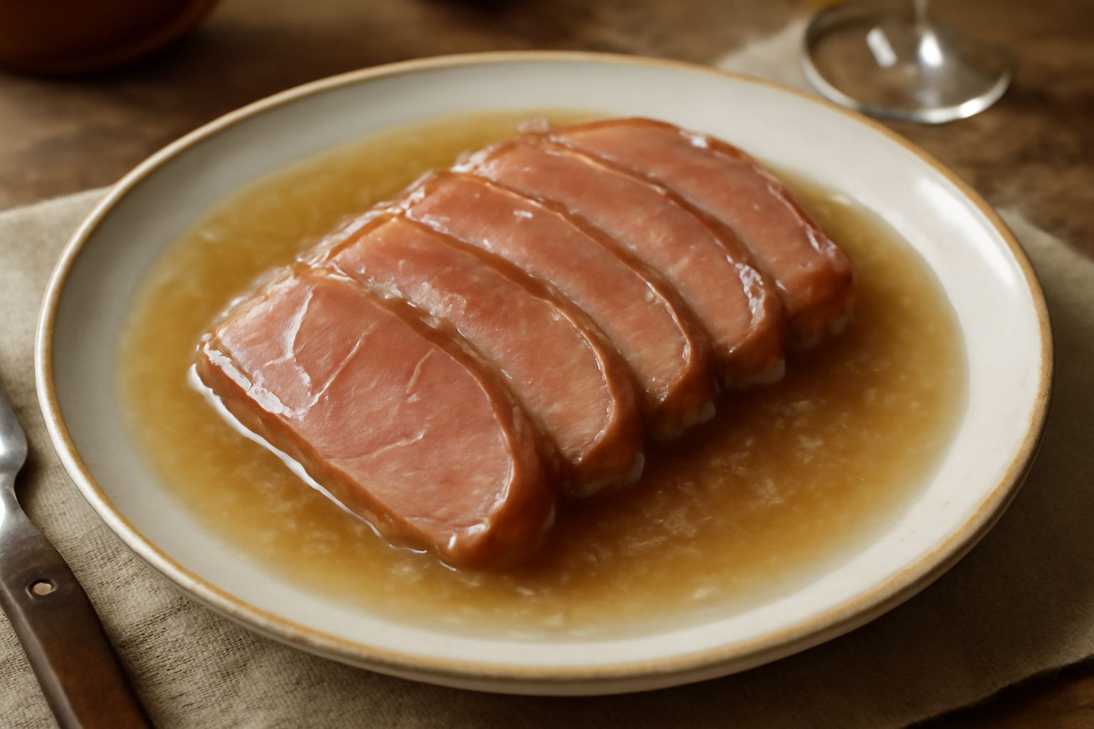 Spalla di maiale affettata in un piatto bianco con carne rosata e ricoperata di gelatina trasparente e lucida, contorno di verdure lessate sfumate nel piatto, superficie umida e brillante