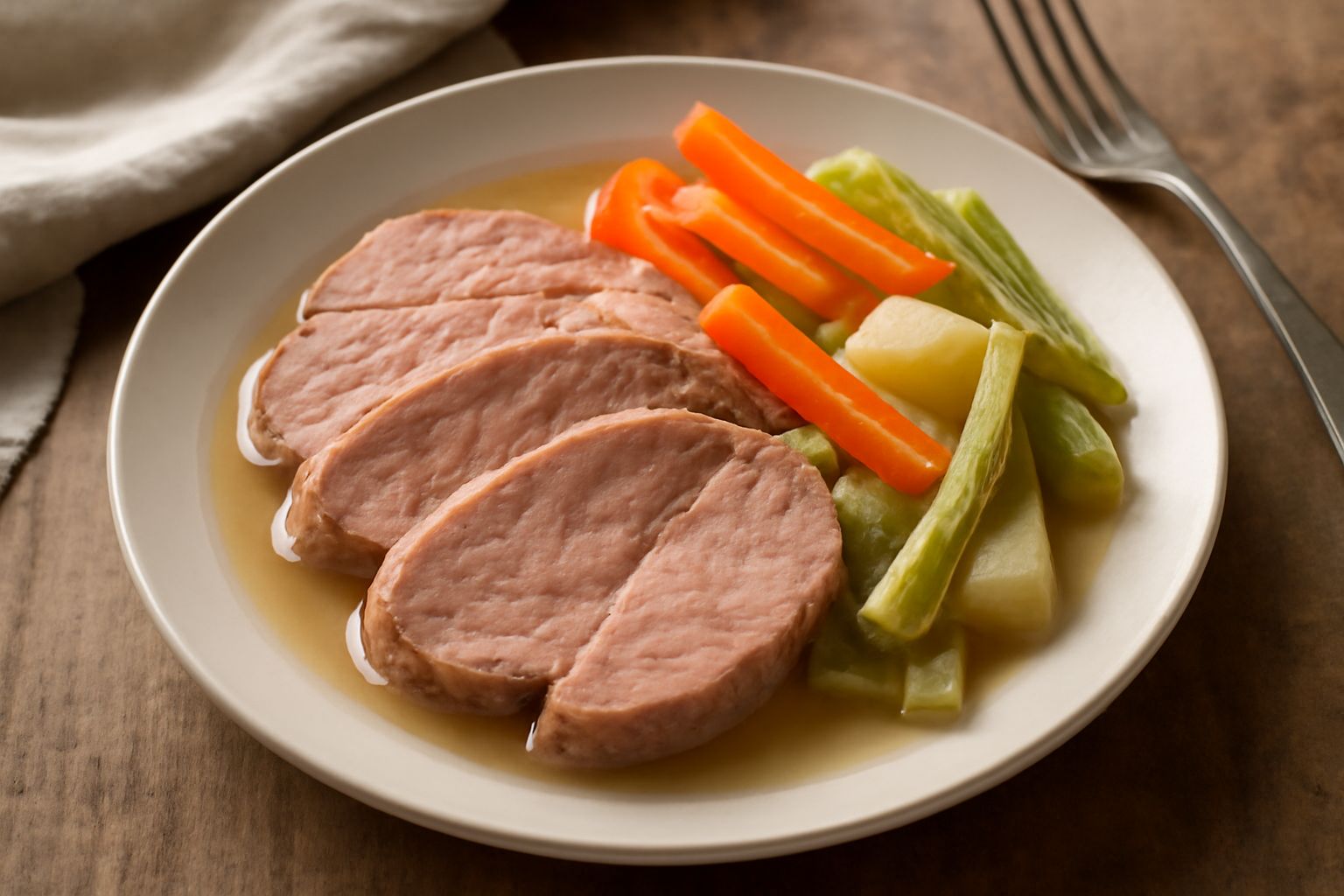 Spalla di maiale salata affettata nel piatto, carne rosata e tenera, circondata da verdure lessate e brodo, decorata con prezzemolo fresco