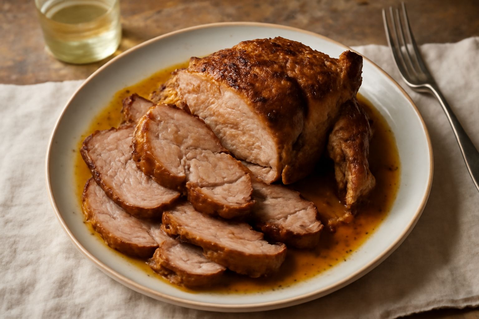 Spalla di San Secondo arrosto cotta al forno, con crosta caramellata, circondata da patate dorate, rosmarino e aglio, in una pirofila di terracotta