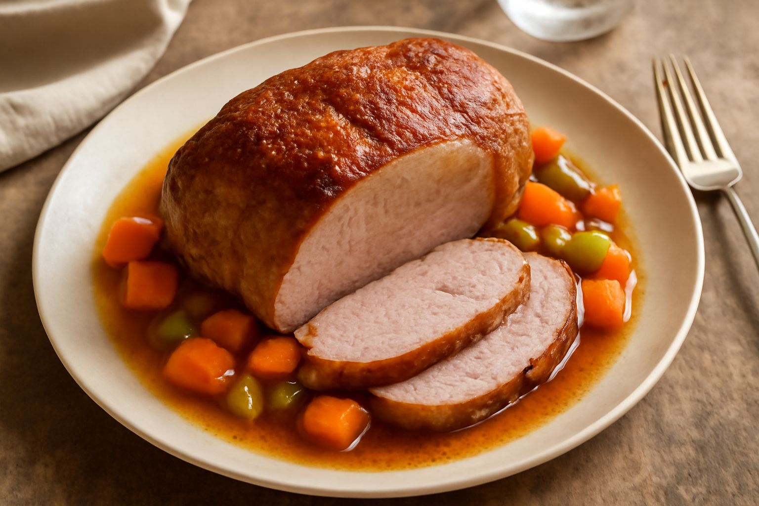 Spalla di vitello disossata arrosto dorata su piatto bianco, circondata da patate novelle, carote e sedano caramellati, con succo di cottura brunastro intorno