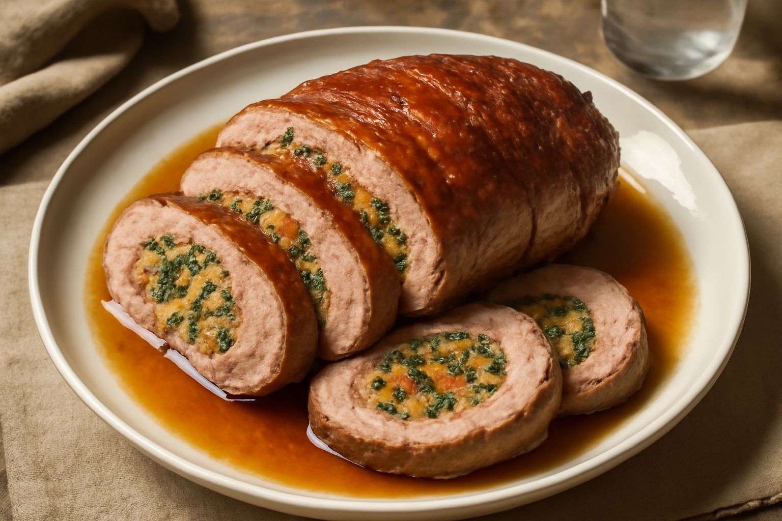 Spalla di vitello affettata su piatto bianco, visibile il ripieno di verdure e erbe aromatiche, circondata da verdure al forno e succo di cottura ambrato