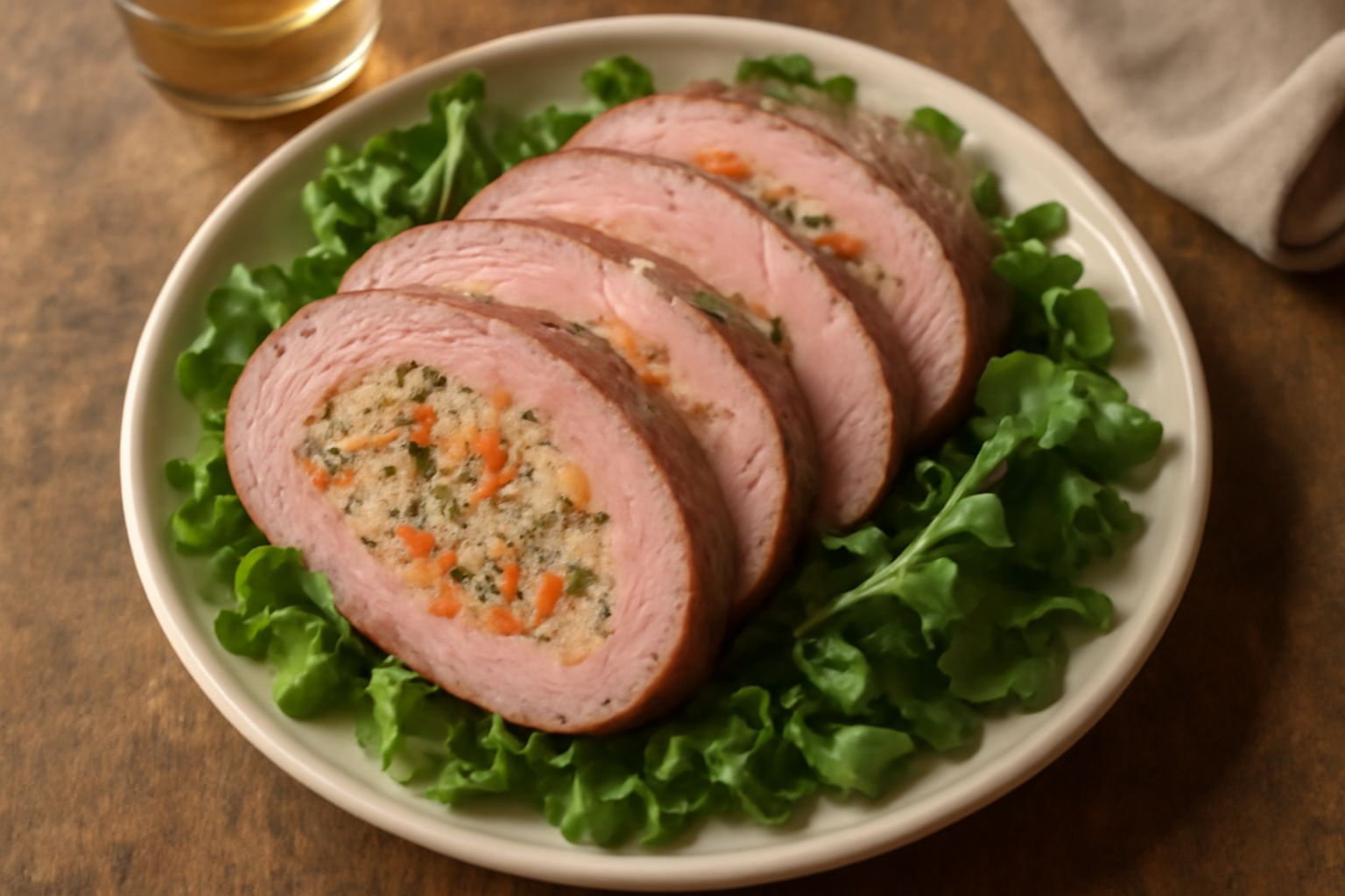 Spalla di vitello ripiena affettata nel piatto, mostrando il ripieno multicolore di verdure e erbe all'interno della carne rosata, contornata da insalata verde e pomodori, su piatto bianco in luce nat