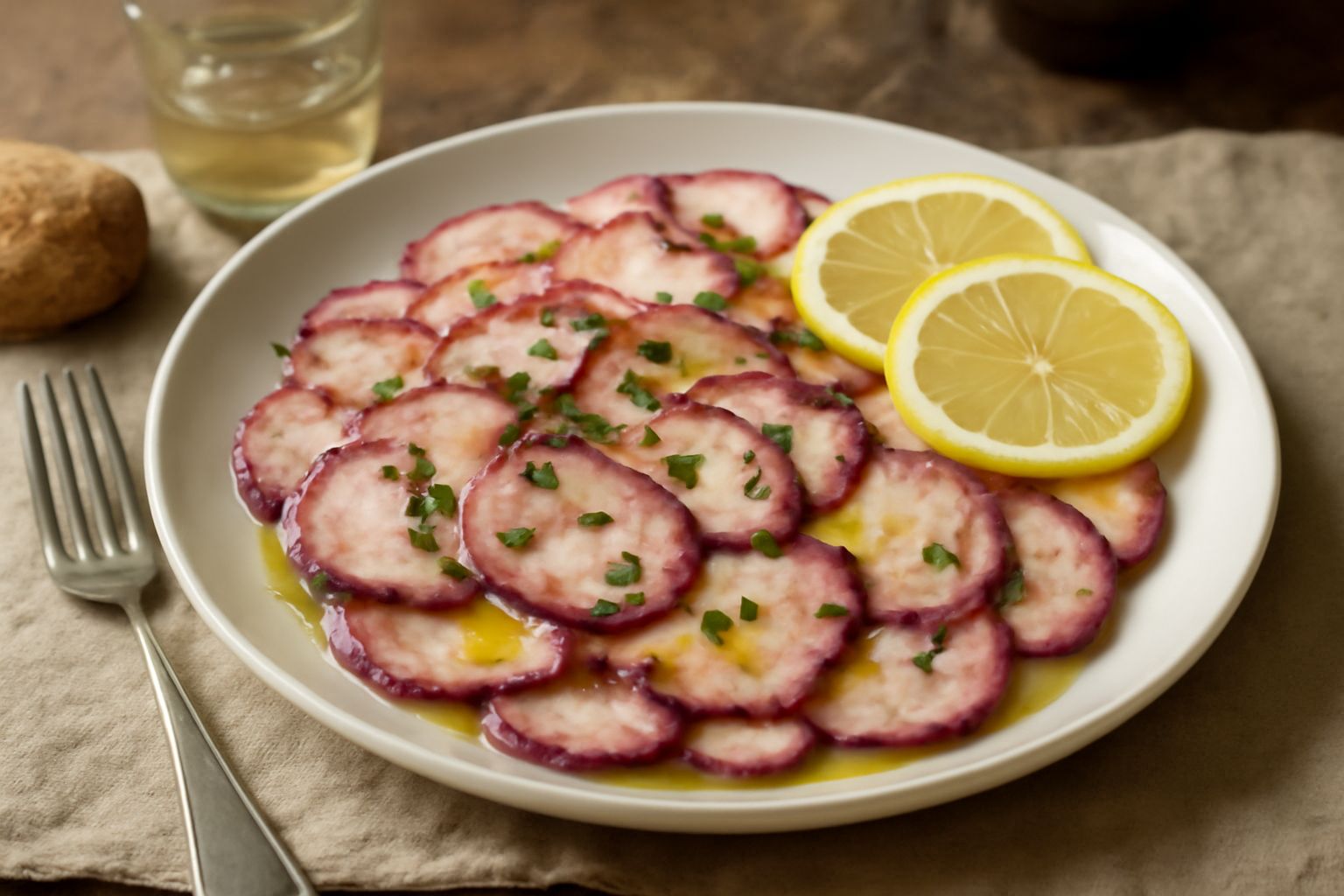 Spalla fredda servita in piatto bianco: polpo affettato di colore rosa-violaceo, disposto a ventaglio, condito con olio lucido, fette di limone fresco, prezzemolo verde e un pizzico di sale marino