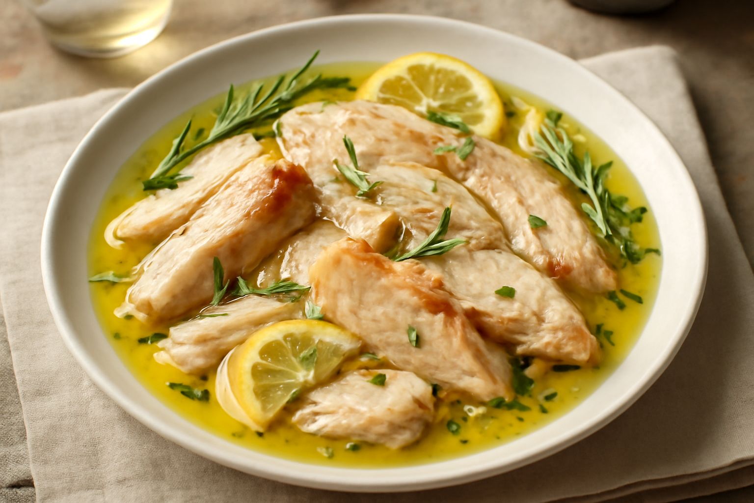 Piatto bianco con fette di spalla sott'olio color avorio e marrone dorato, accompagnate da olive nere, rametti di rosmarino e olio d'oliva trasparente attorno alla carne.