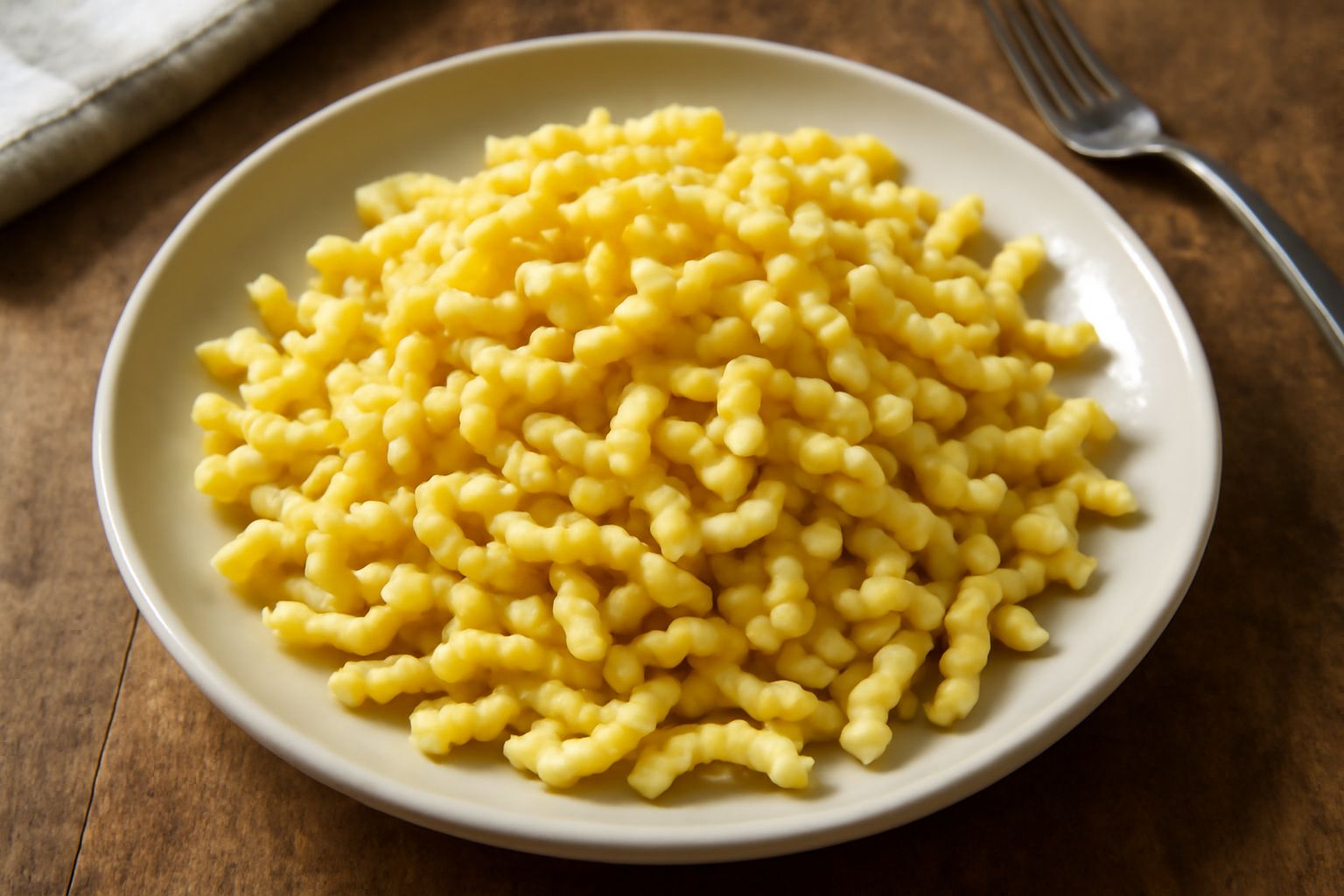 Piatto di spätzle gialli e soffici, leggermente ripassati nel burro, guarniti con prezzemolo verde fresco, serviti in una ciotola di ceramica bianca su un fondo di legno scuro