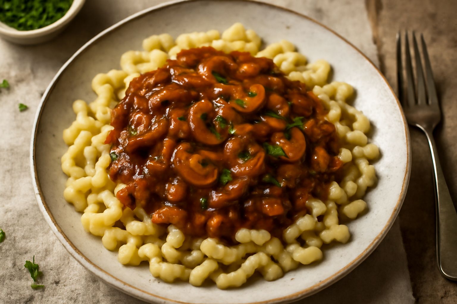 Spätzle ai funghi serviti in un piatto bianco, gnocchetti gialli-beige ricoperti da salsa di funghi marroni con prezzemolo fresco, cipolla caramellata e un filo di olio in superficie