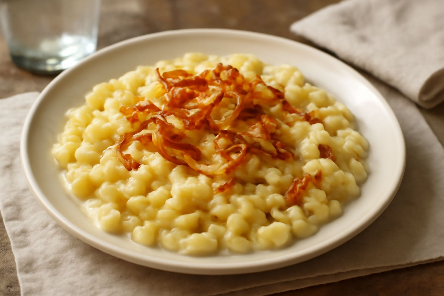 Piatto di spätzle al formaggio cremosi, bianchi e dorati, conditi con cipolla caramellata al top e formaggio fuso, serviti in ciotola bianca fonda su sfondo grigio scuro