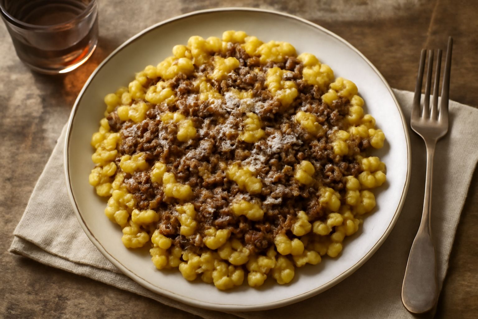 Piatto di spätzle gialli e soffici conditi con ragù marrone scuro, grattugiati di formaggio a fette, serviti in ciotola di ceramica bianca su tovaglia a quadri